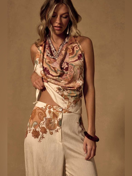 Lulus Tops - Lulus Paisley Print Cowl Neck Halter Tie Back Top Cream | NWT Size XS